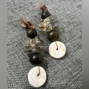 Labradorite, Crystals and Jasper Earrings Wrapped in Copper With Copper Clip On.